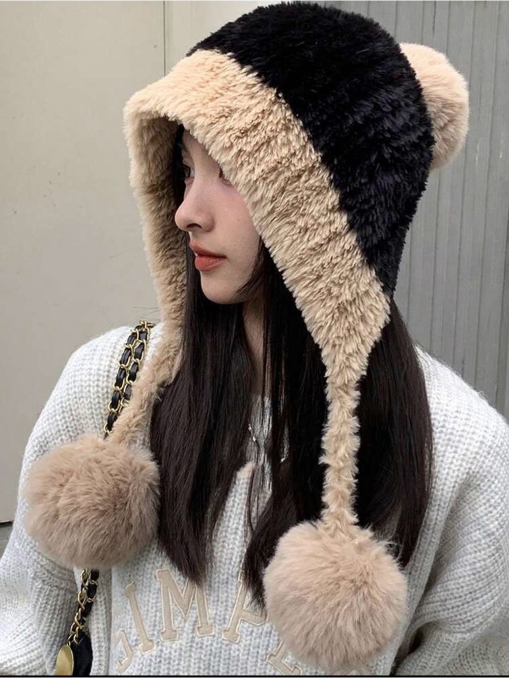 Plush Two-Tone Pom Pom Earflap Hat - Beige & Black Extra Soft